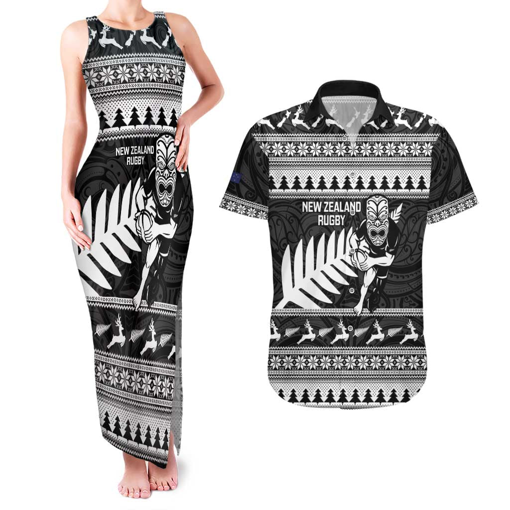 New Zealand Christmas Rugby Personalised Couples Matching Tank Maxi Dress and Hawaiian Shirt Meri Kirihimete All Black Maori LT14 Black - Polynesian Pride