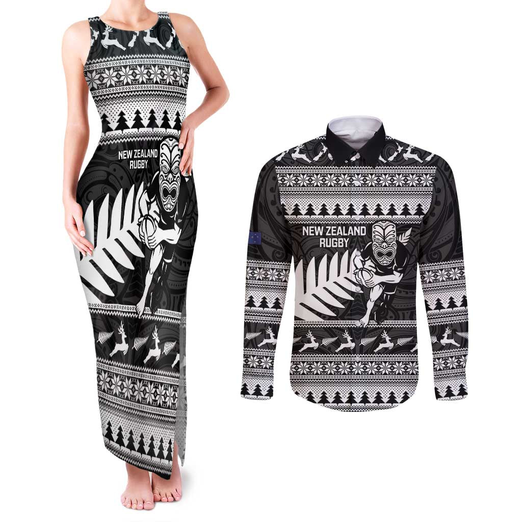 New Zealand Christmas Rugby Personalised Couples Matching Tank Maxi Dress and Long Sleeve Button Shirt Meri Kirihimete All Black Maori LT14 Black - Polynesian Pride