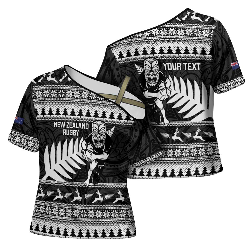 New Zealand Christmas Rugby Personalised Cross Shoulder Shirt Meri Kirihimete All Black Maori LT14 - Polynesian Pride