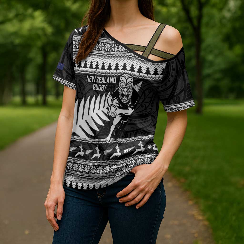 New Zealand Christmas Rugby Personalised Cross Shoulder Shirt Meri Kirihimete All Black Maori LT14 - Polynesian Pride