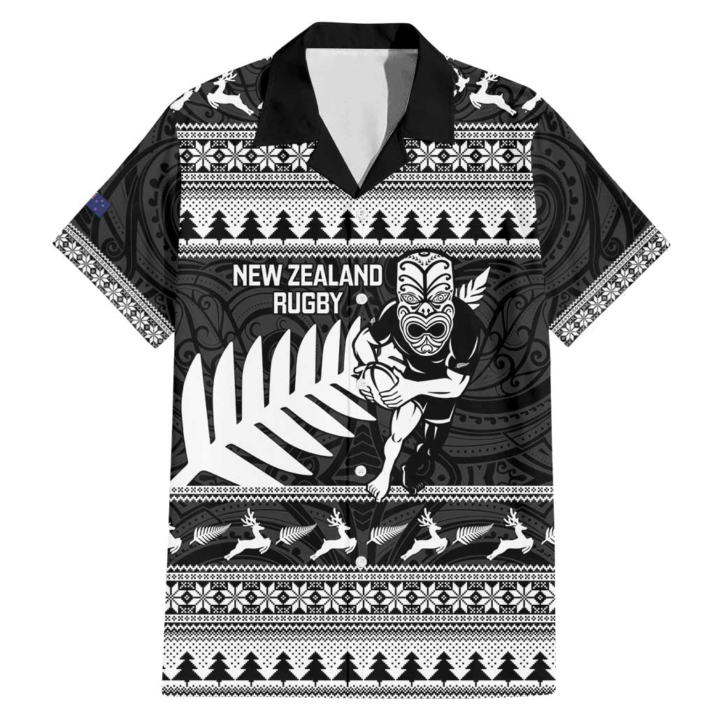 New Zealand Christmas Rugby Personalised Family Matching Mermaid Dress and Hawaiian Shirt Meri Kirihimete All Black Maori LT14 Dad's Shirt - Short Sleeve Black - Polynesian Pride