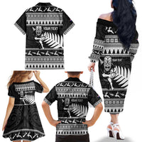New Zealand Christmas Rugby Personalised Family Matching Off The Shoulder Long Sleeve Dress and Hawaiian Shirt Meri Kirihimete All Black Maori LT14 - Polynesian Pride