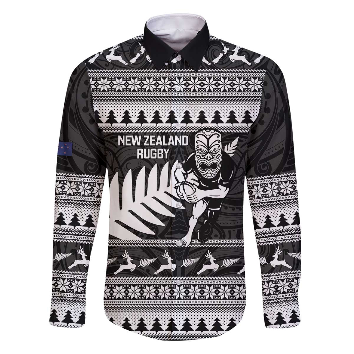 New Zealand Christmas Rugby Personalised Family Matching Off The Shoulder Long Sleeve Dress and Hawaiian Shirt Meri Kirihimete All Black Maori LT14 Dad's Shirt - Long Sleeve Black - Polynesian Pride