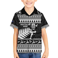 New Zealand Christmas Rugby Personalised Family Matching Off The Shoulder Long Sleeve Dress and Hawaiian Shirt Meri Kirihimete All Black Maori LT14 Son's Shirt Black - Polynesian Pride