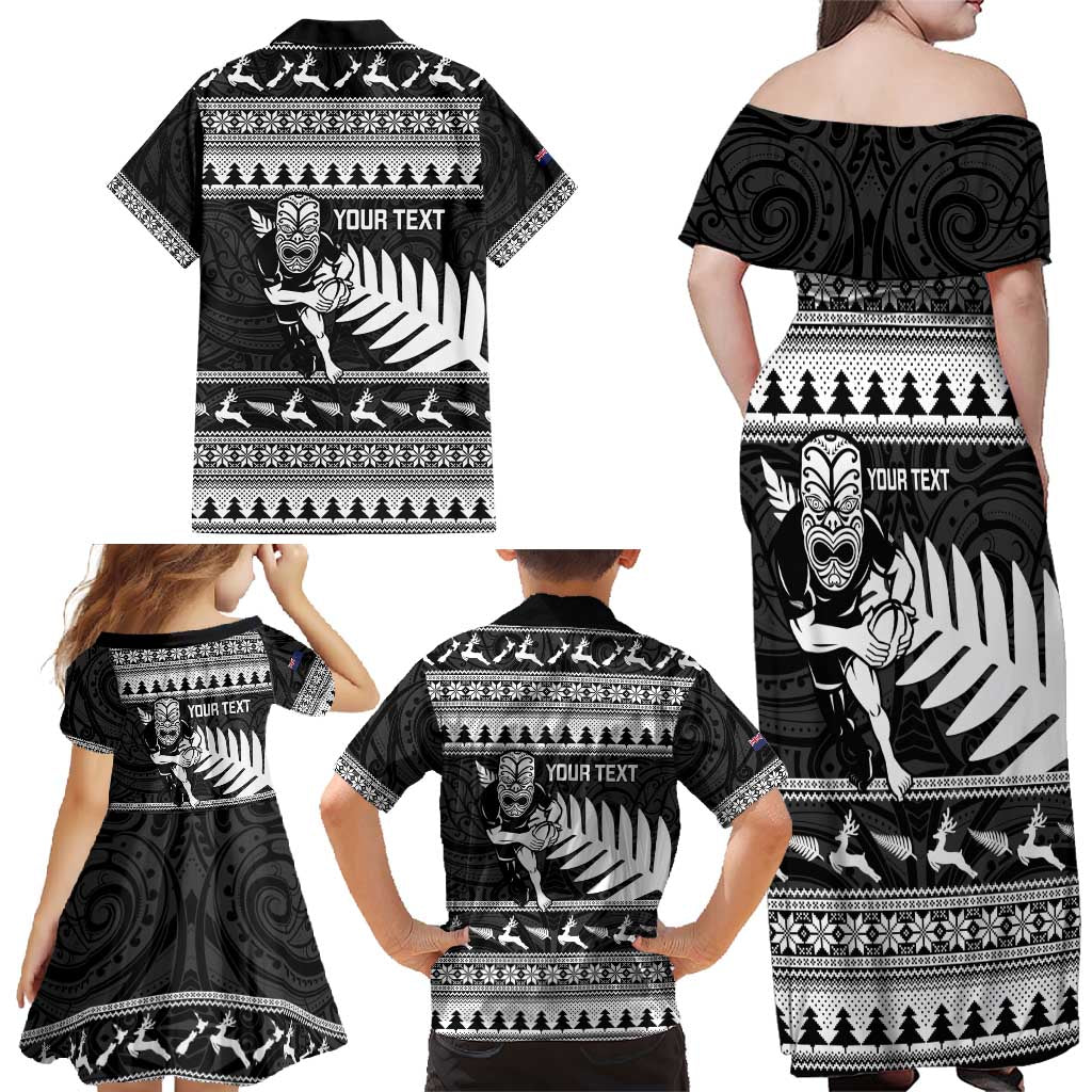 New Zealand Christmas Rugby Personalised Family Matching Off Shoulder Maxi Dress and Hawaiian Shirt Meri Kirihimete All Black Maori LT14 - Polynesian Pride