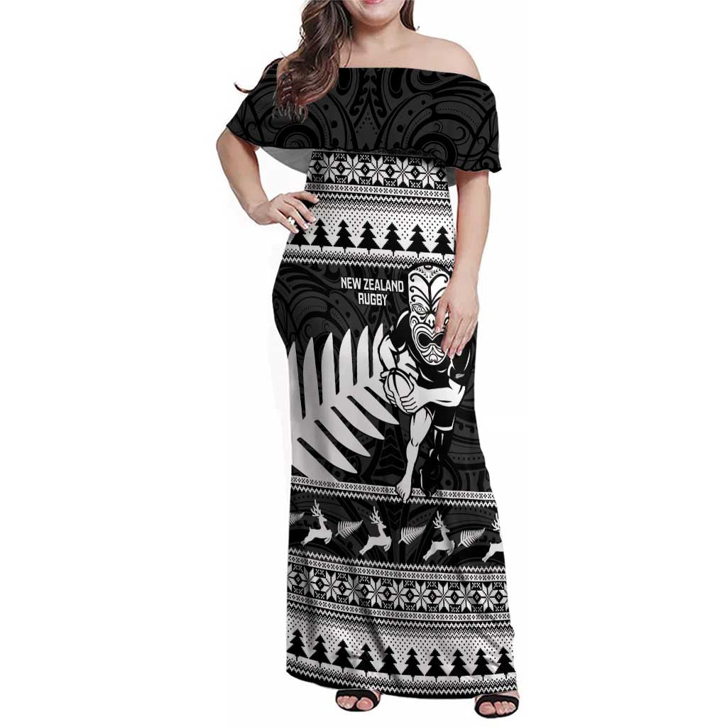 New Zealand Christmas Rugby Personalised Family Matching Off Shoulder Maxi Dress and Hawaiian Shirt Meri Kirihimete All Black Maori LT14 Mom's Dress Black - Polynesian Pride
