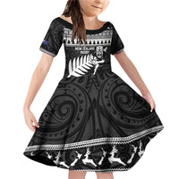 New Zealand Christmas Rugby Personalised Family Matching Off Shoulder Short Dress and Hawaiian Shirt Meri Kirihimete All Black Maori LT14 Daughter's Dress Black - Polynesian Pride