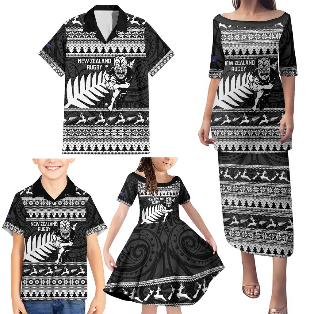 New Zealand Christmas Rugby Personalised Family Matching Puletasi and Hawaiian Shirt Meri Kirihimete All Black Maori LT14 - Polynesian Pride