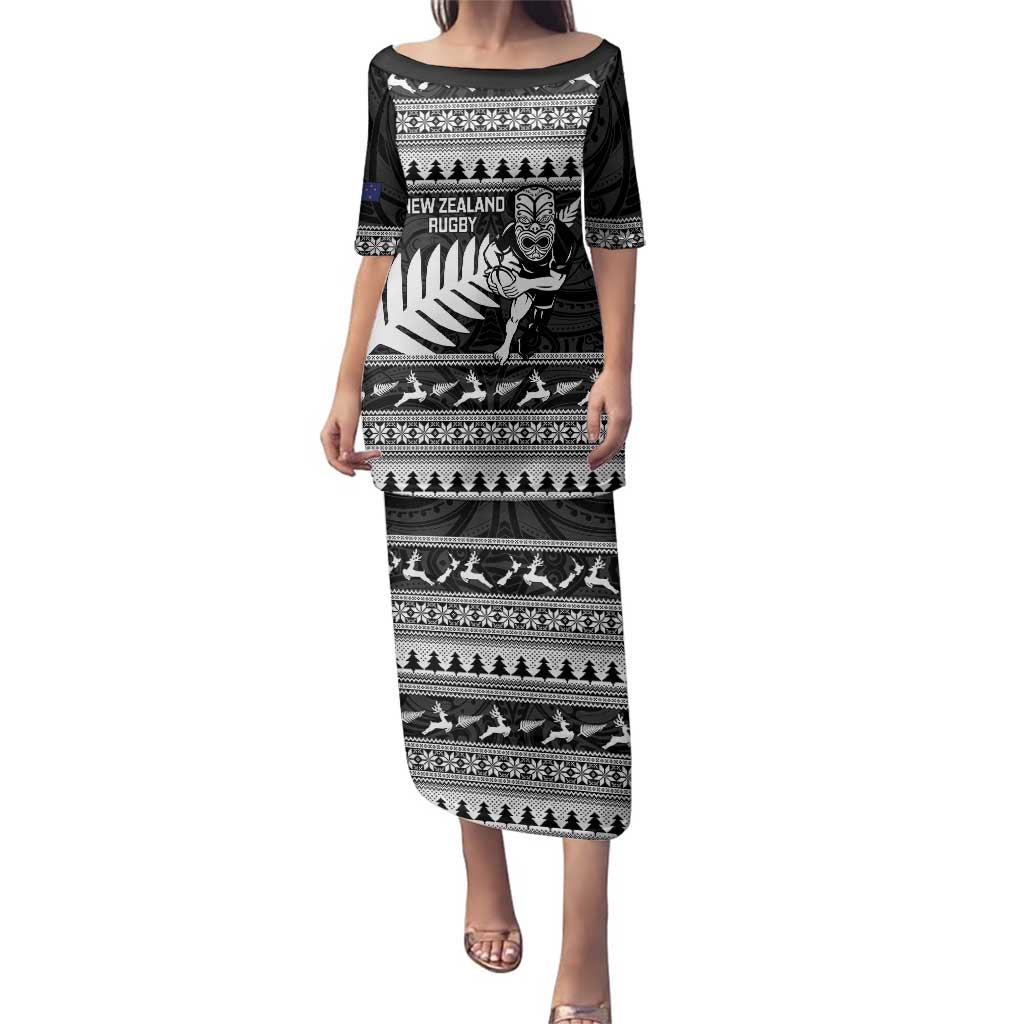 New Zealand Christmas Rugby Personalised Family Matching Puletasi and Hawaiian Shirt Meri Kirihimete All Black Maori LT14 Mom's Dress Black - Polynesian Pride