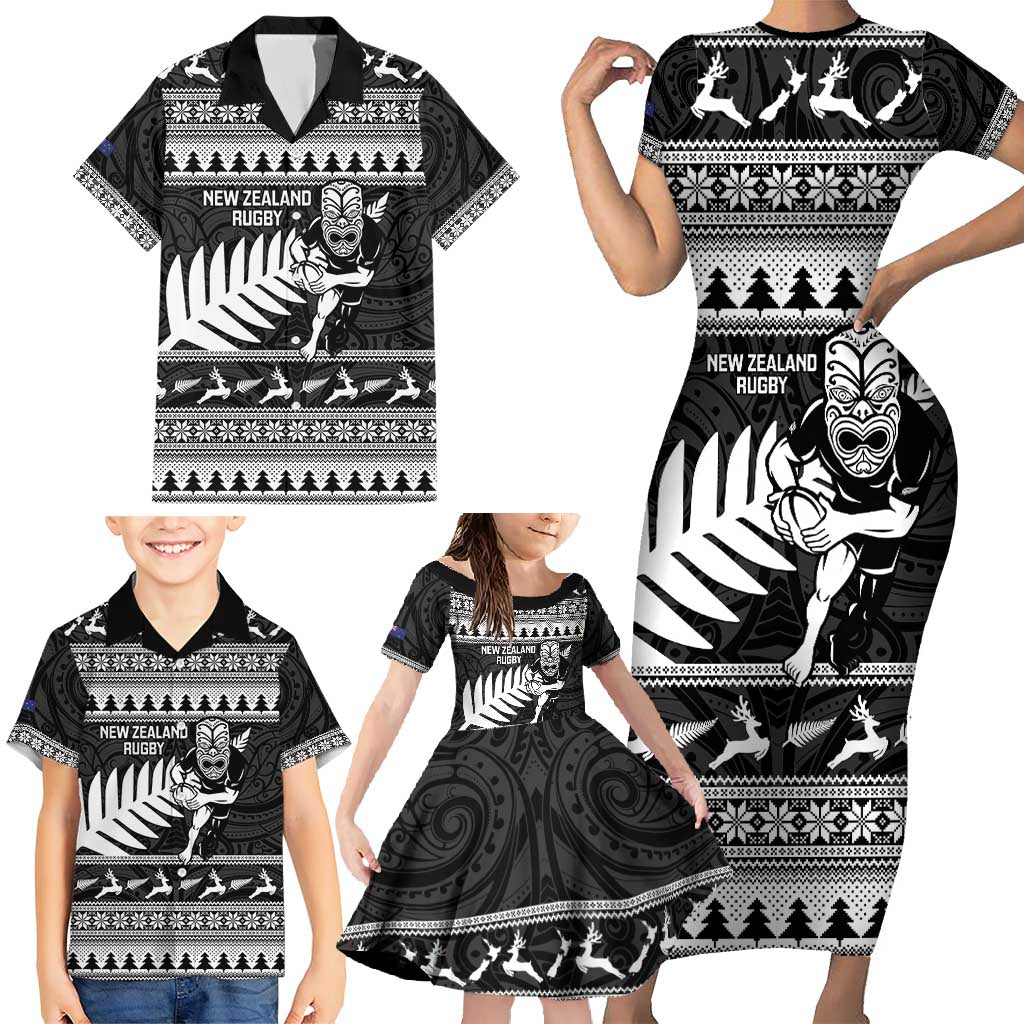 New Zealand Christmas Rugby Personalised Family Matching Short Sleeve Bodycon Dress and Hawaiian Shirt Meri Kirihimete All Black Maori LT14 - Polynesian Pride