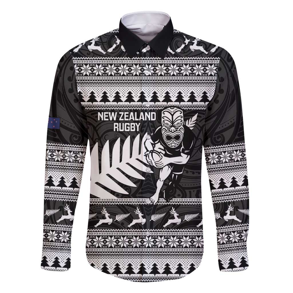 New Zealand Christmas Rugby Personalised Family Matching Short Sleeve Bodycon Dress and Hawaiian Shirt Meri Kirihimete All Black Maori LT14 Dad's Shirt - Long Sleeve Black - Polynesian Pride