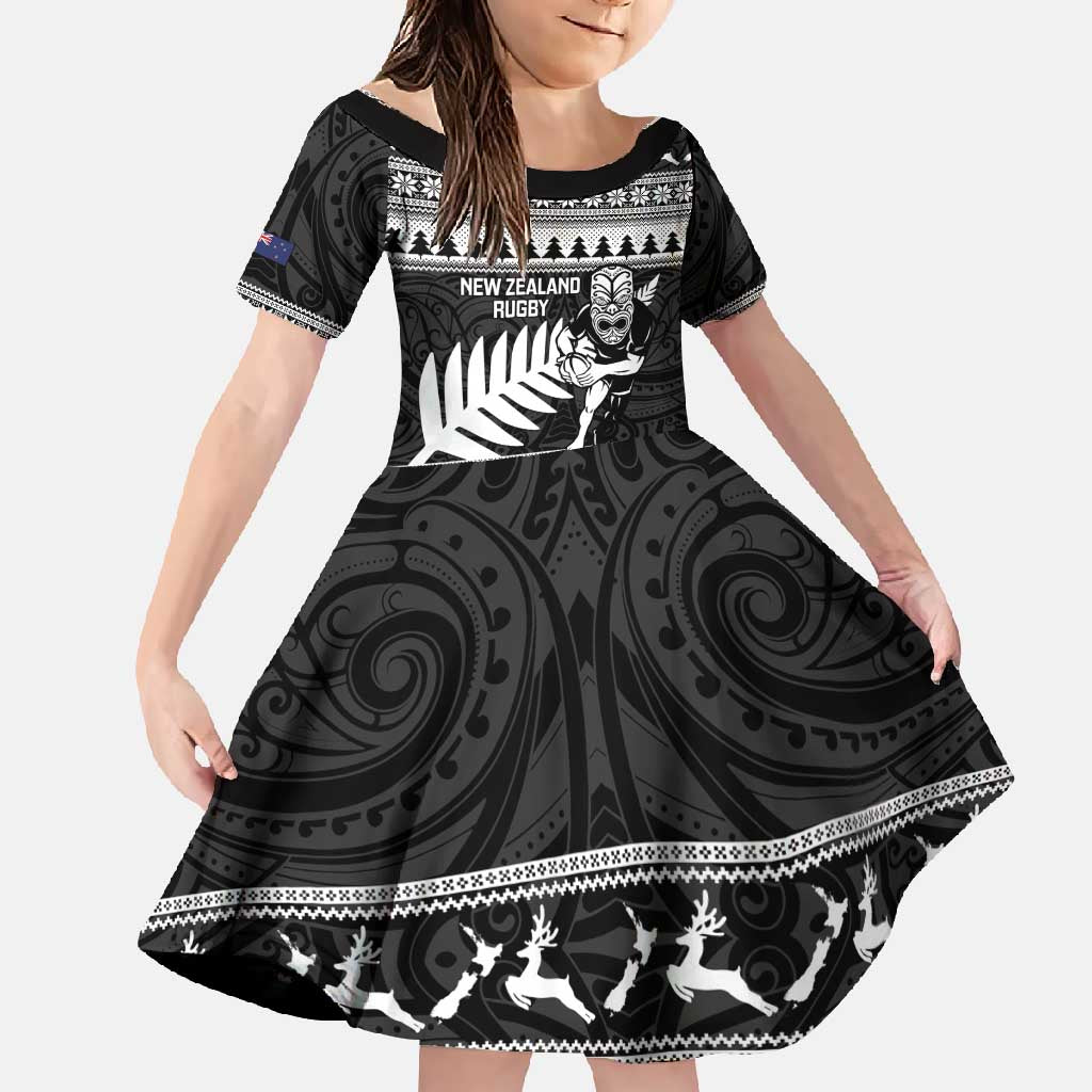 New Zealand Christmas Rugby Personalised Family Matching Summer Maxi Dress and Hawaiian Shirt Meri Kirihimete All Black Maori LT14 Daughter's Dress Black - Polynesian Pride