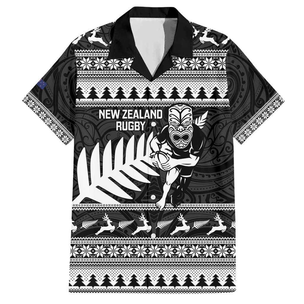 New Zealand Christmas Rugby Personalised Hawaiian Shirt Meri Kirihimete All Black Maori LT14 Black - Polynesian Pride