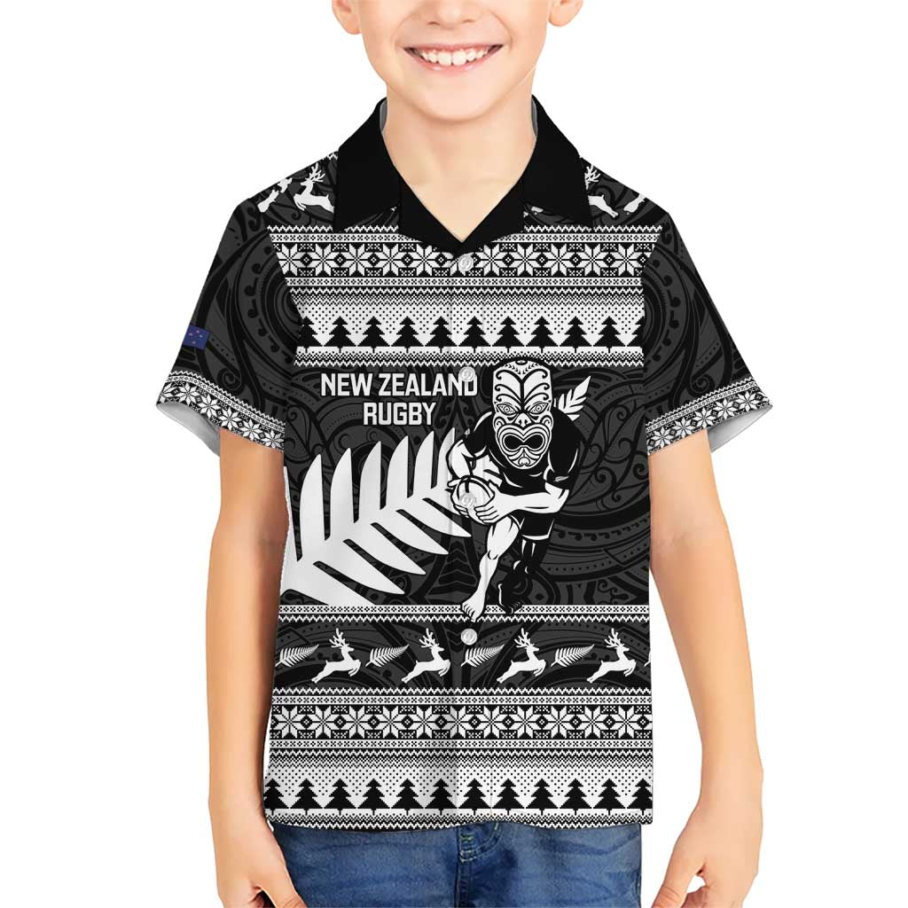 New Zealand Christmas Rugby Personalised Kid Hawaiian Shirt Meri Kirihimete All Black Maori LT14 Kid Black - Polynesian Pride