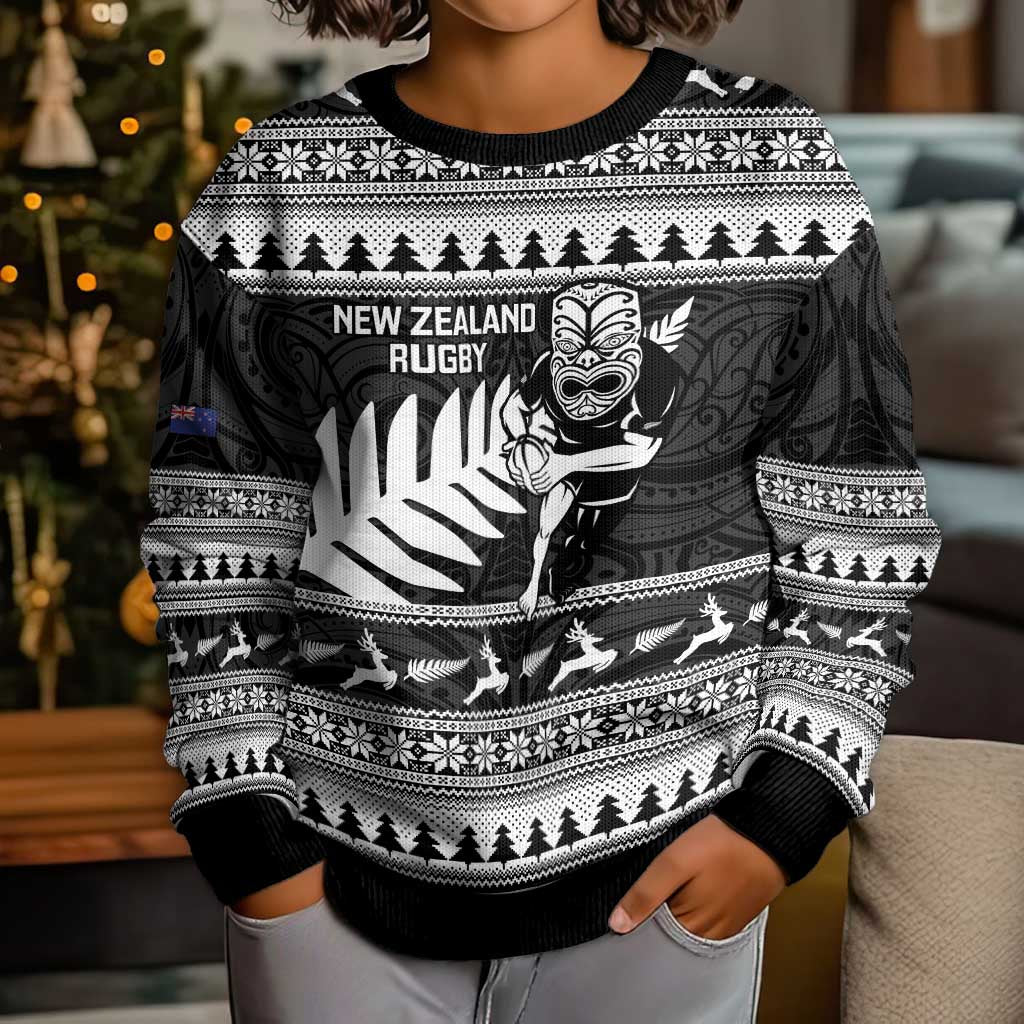 New Zealand Christmas Rugby Personalised Kid Ugly Christmas Sweater Meri Kirihimete All Black Maori LT14 - Polynesian Pride