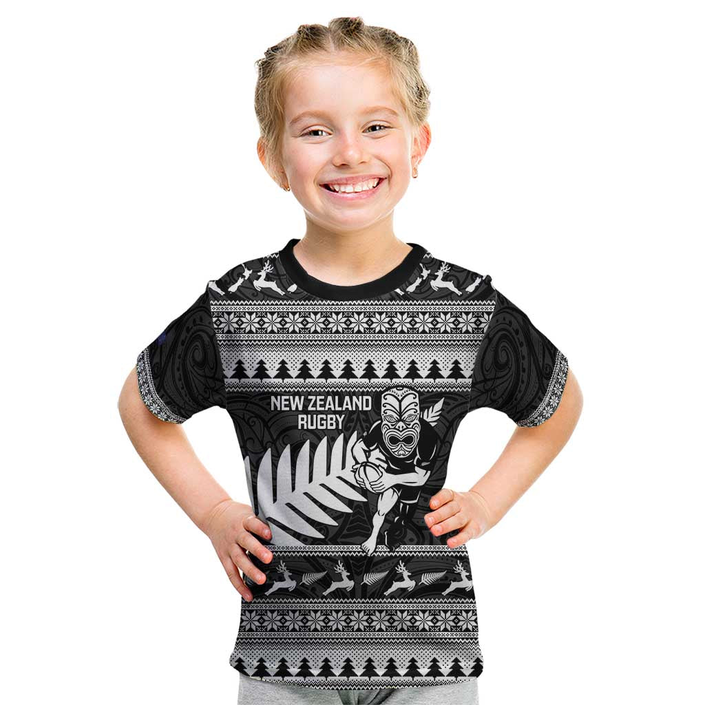New Zealand Christmas Rugby Personalised Kid T Shirt Meri Kirihimete All Black Maori LT14 Black - Polynesian Pride