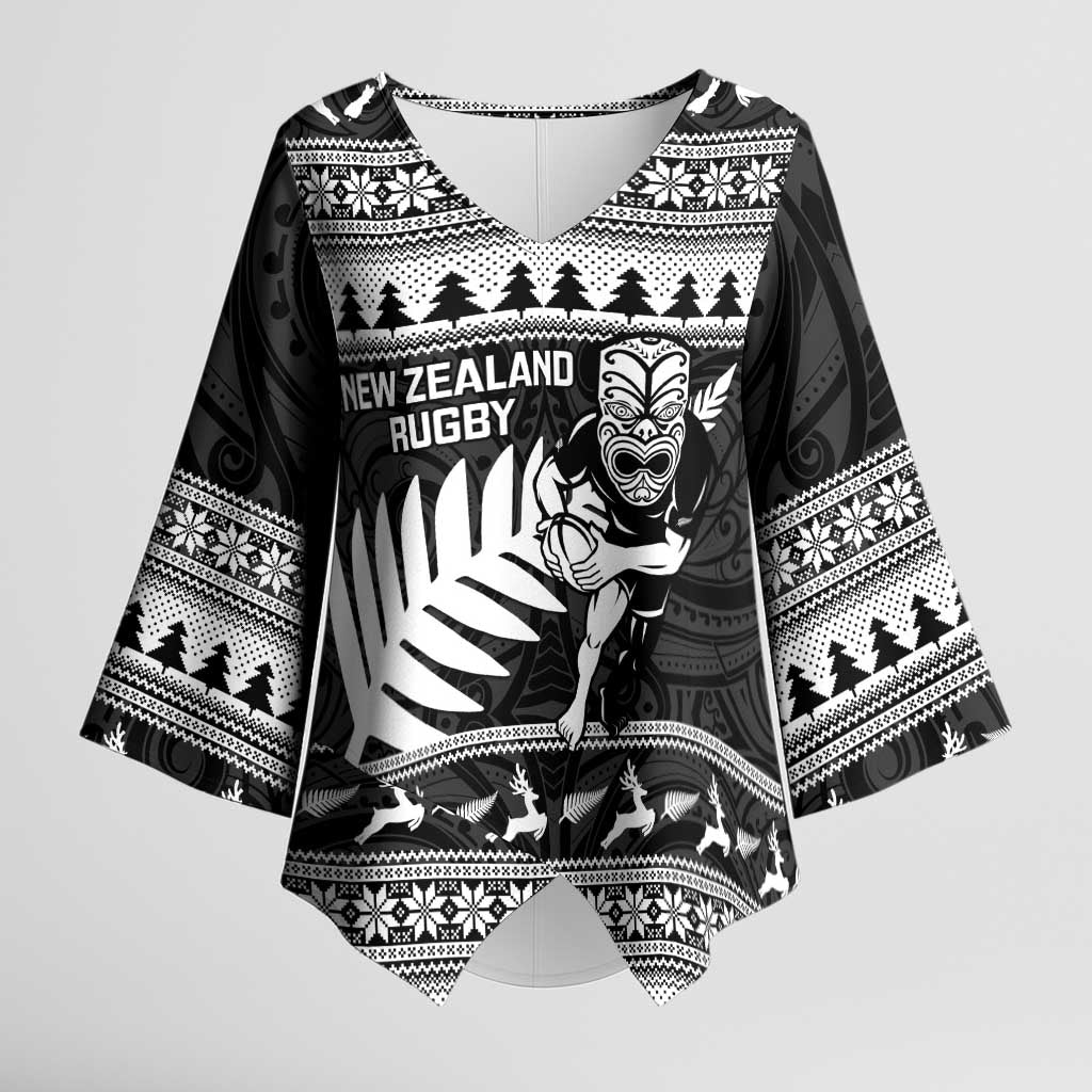 New Zealand Christmas Rugby Personalised Kimono Sleeve Blouse Meri Kirihimete All Black Maori LT14 Female Black - Polynesian Pride