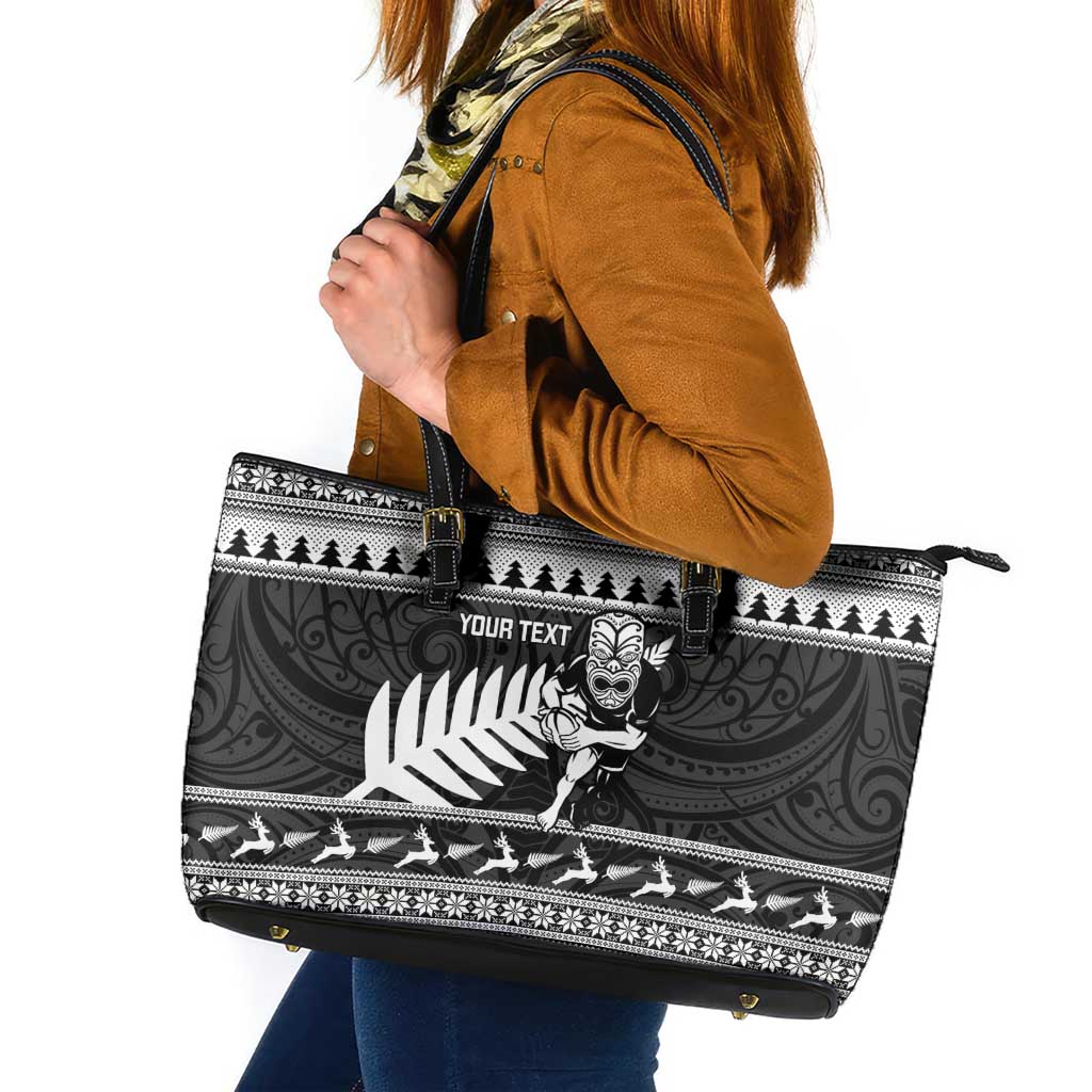 New Zealand Christmas Rugby Personalised Leather Tote Bag Meri Kirihimete All Black Maori LT14 Black - Polynesian Pride