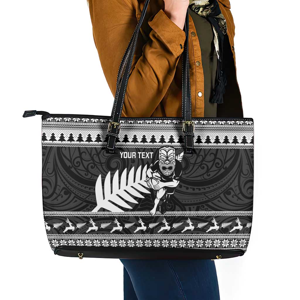 New Zealand Christmas Rugby Personalised Leather Tote Bag Meri Kirihimete All Black Maori LT14 - Polynesian Pride