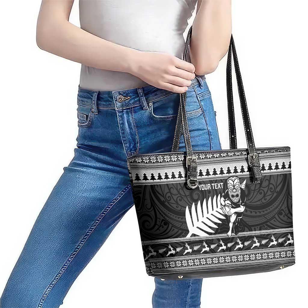 New Zealand Christmas Rugby Personalised Leather Tote Bag Meri Kirihimete All Black Maori LT14 - Polynesian Pride
