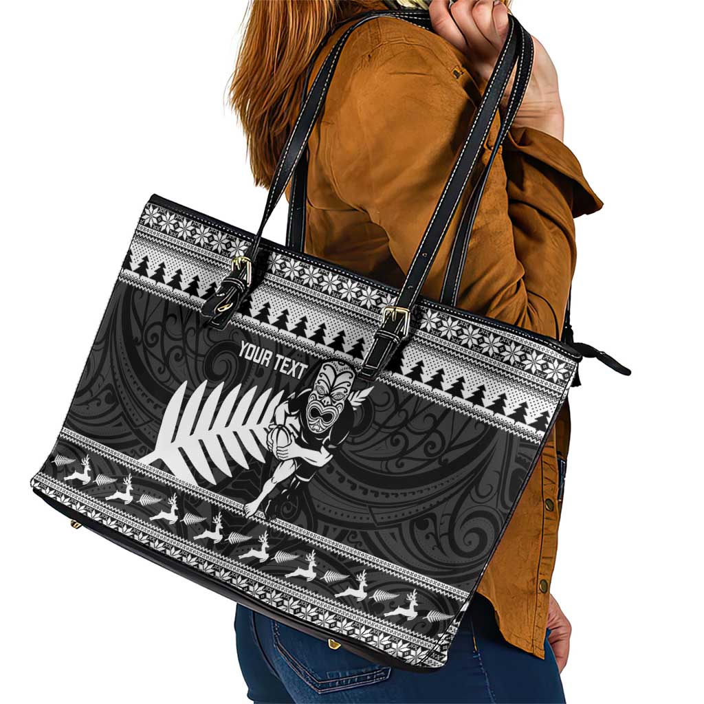 New Zealand Christmas Rugby Personalised Leather Tote Bag Meri Kirihimete All Black Maori LT14 - Polynesian Pride
