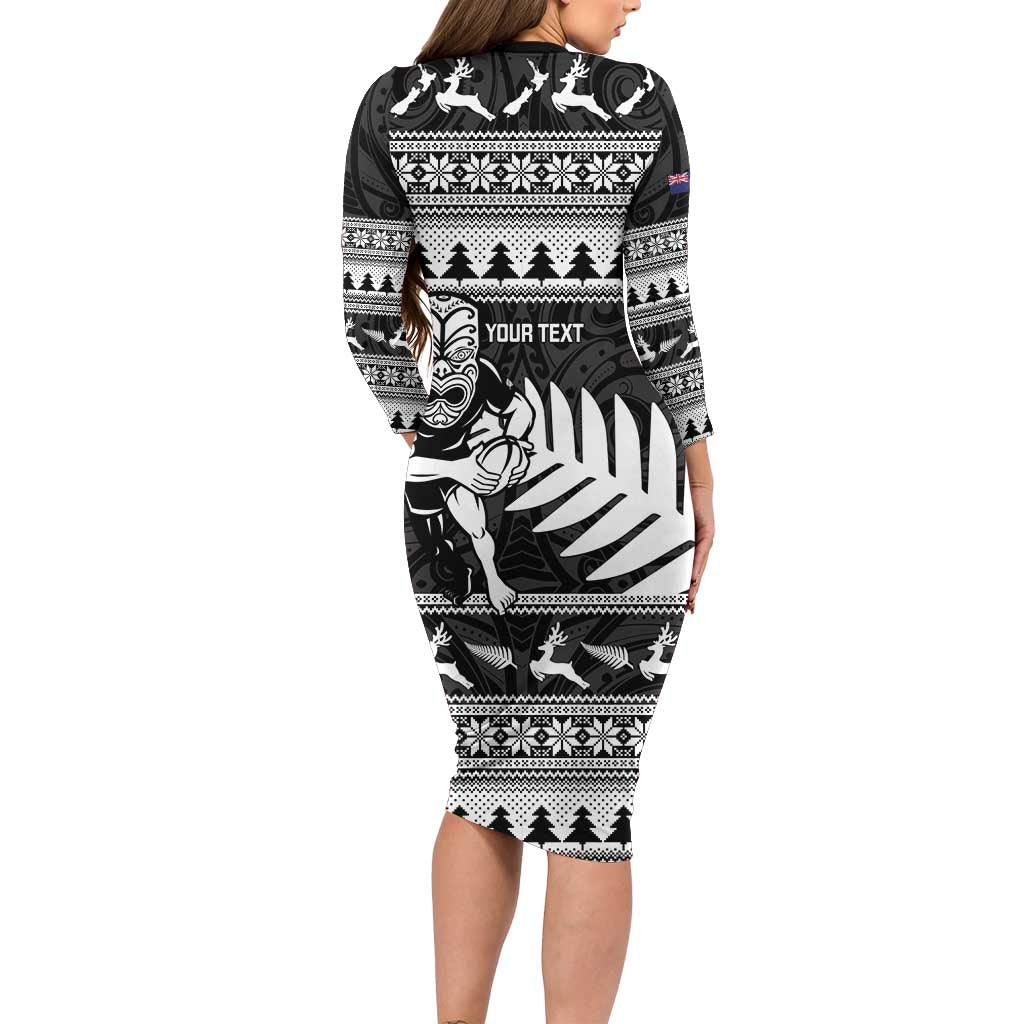 New Zealand Christmas Rugby Personalised Long Sleeve Bodycon Dress Meri Kirihimete All Black Maori LT14 - Polynesian Pride