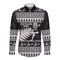 New Zealand Christmas Rugby Personalised Long Sleeve Button Shirt Meri Kirihimete All Black Maori LT14 Unisex Black - Polynesian Pride