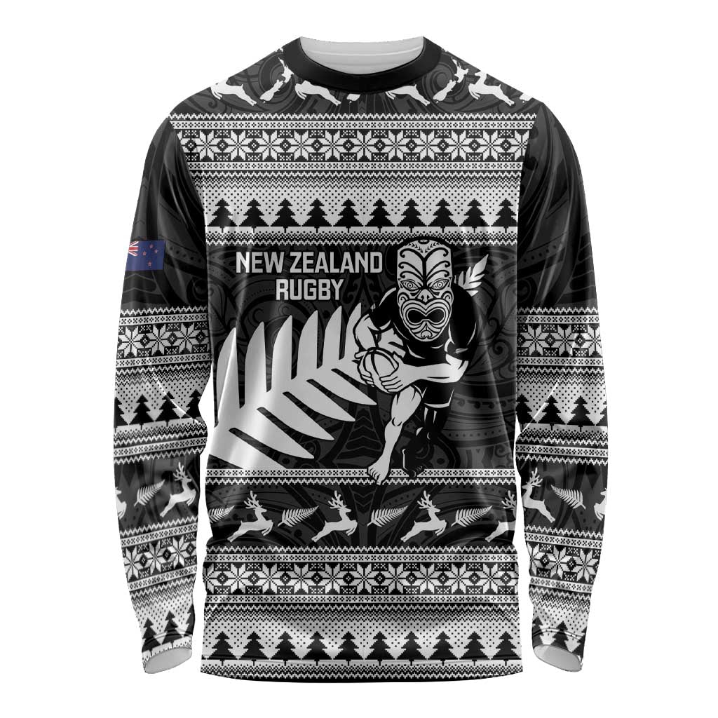 New Zealand Christmas Rugby Personalised Long Sleeve Shirt Meri Kirihimete All Black Maori LT14 Unisex Black - Polynesian Pride