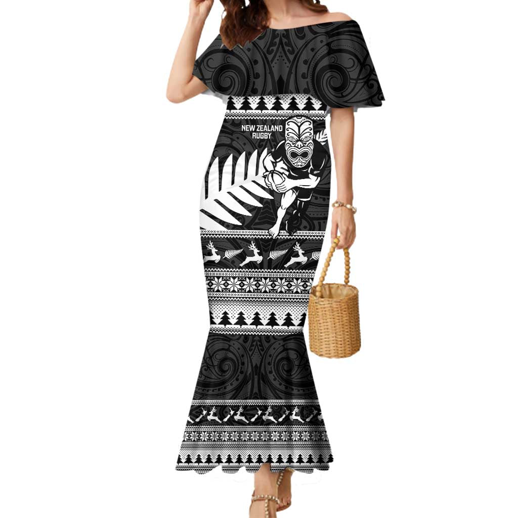 New Zealand Christmas Rugby Personalised Mermaid Dress Meri Kirihimete All Black Maori LT14 Women Black - Polynesian Pride