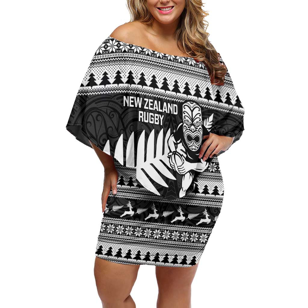 New Zealand Christmas Rugby Personalised Off Shoulder Short Dress Meri Kirihimete All Black Maori LT14 Women Black - Polynesian Pride