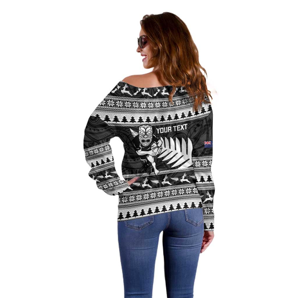 New Zealand Christmas Rugby Personalised Off Shoulder Sweater Meri Kirihimete All Black Maori LT14 - Polynesian Pride
