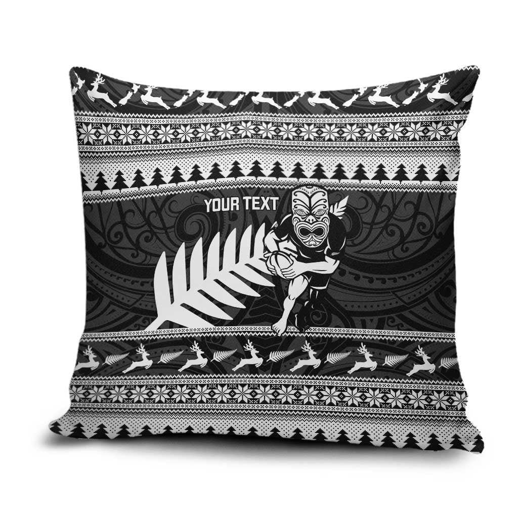 New Zealand Christmas Rugby Personalised Pillow Cover Meri Kirihimete All Black Maori LT14 Black - Polynesian Pride