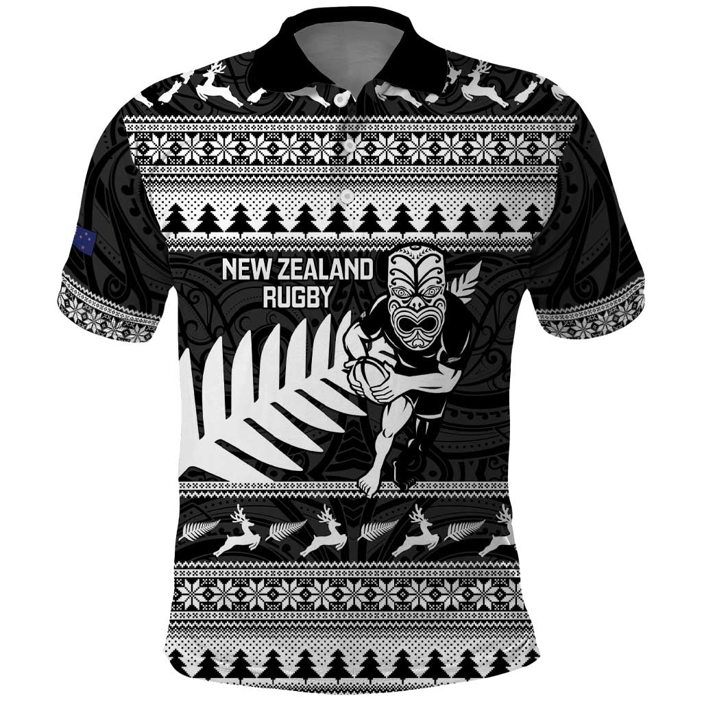 New Zealand Christmas Rugby Personalised Polo Shirt Meri Kirihimete All Black Maori LT14 Black - Polynesian Pride