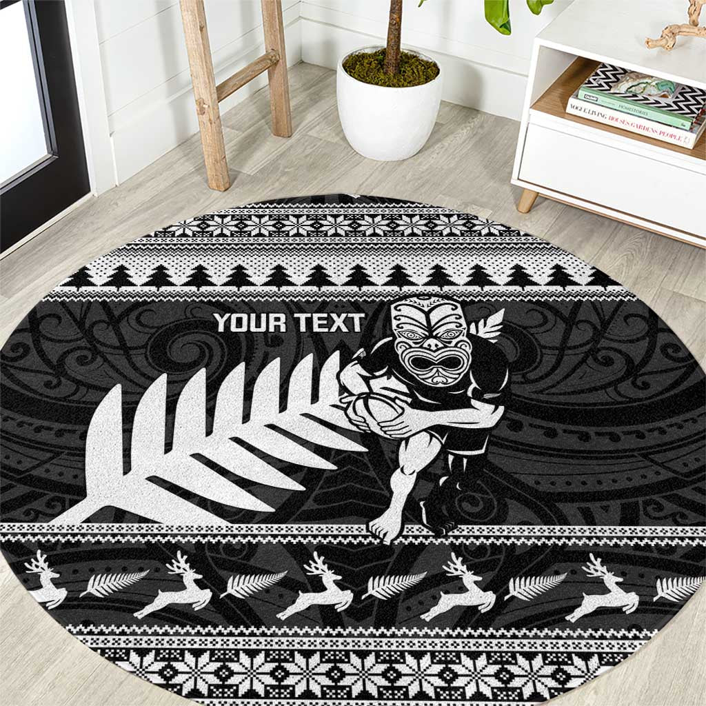 New Zealand Christmas Rugby Personalised Round Carpet Meri Kirihimete All Black Maori LT14 Black - Polynesian Pride