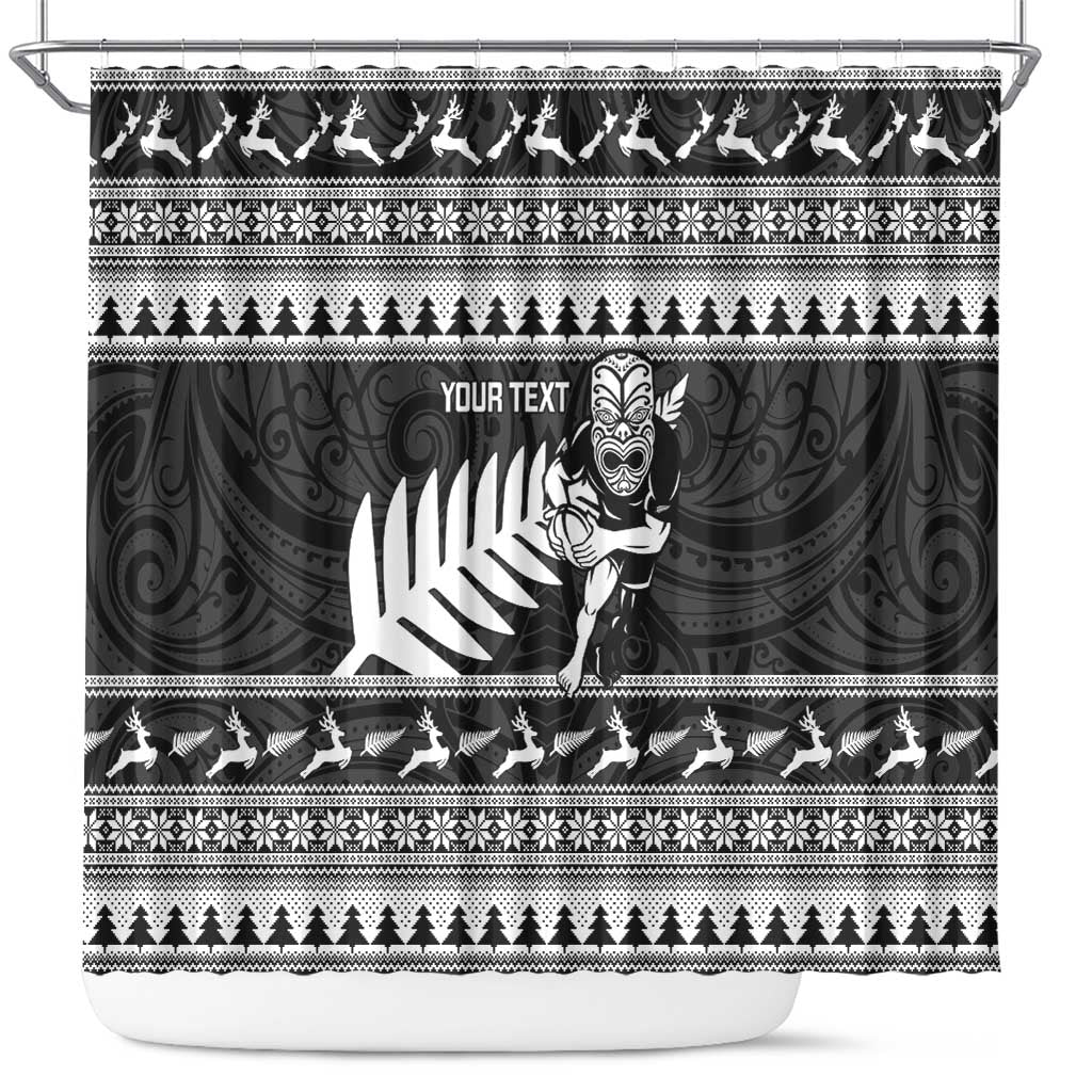 New Zealand Christmas Rugby Personalised Shower Curtain Meri Kirihimete All Black Maori LT14 Black - Polynesian Pride
