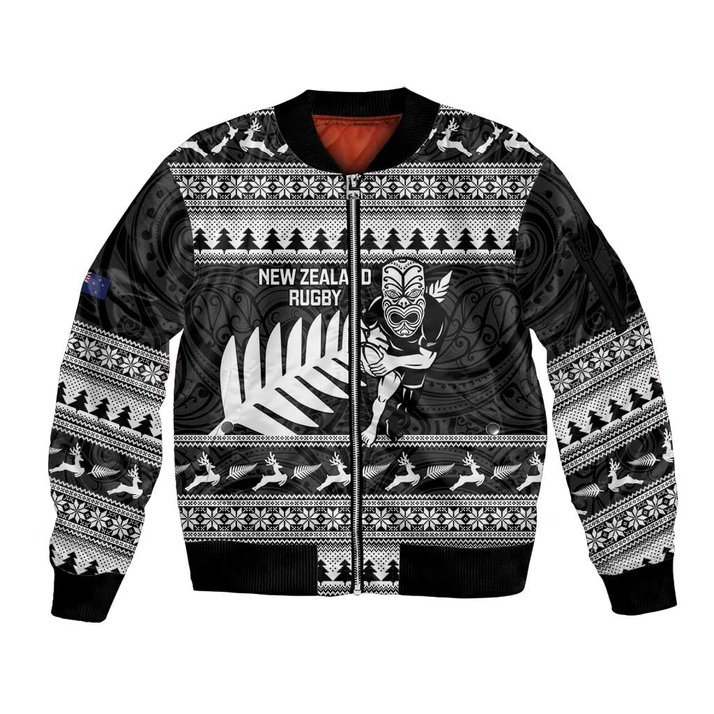 New Zealand Christmas Rugby Personalised Sleeve Zip Bomber Jacket Meri Kirihimete All Black Maori LT14 Unisex Black - Polynesian Pride