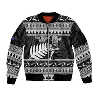 New Zealand Christmas Rugby Personalised Sleeve Zip Bomber Jacket Meri Kirihimete All Black Maori LT14 Unisex Black - Polynesian Pride