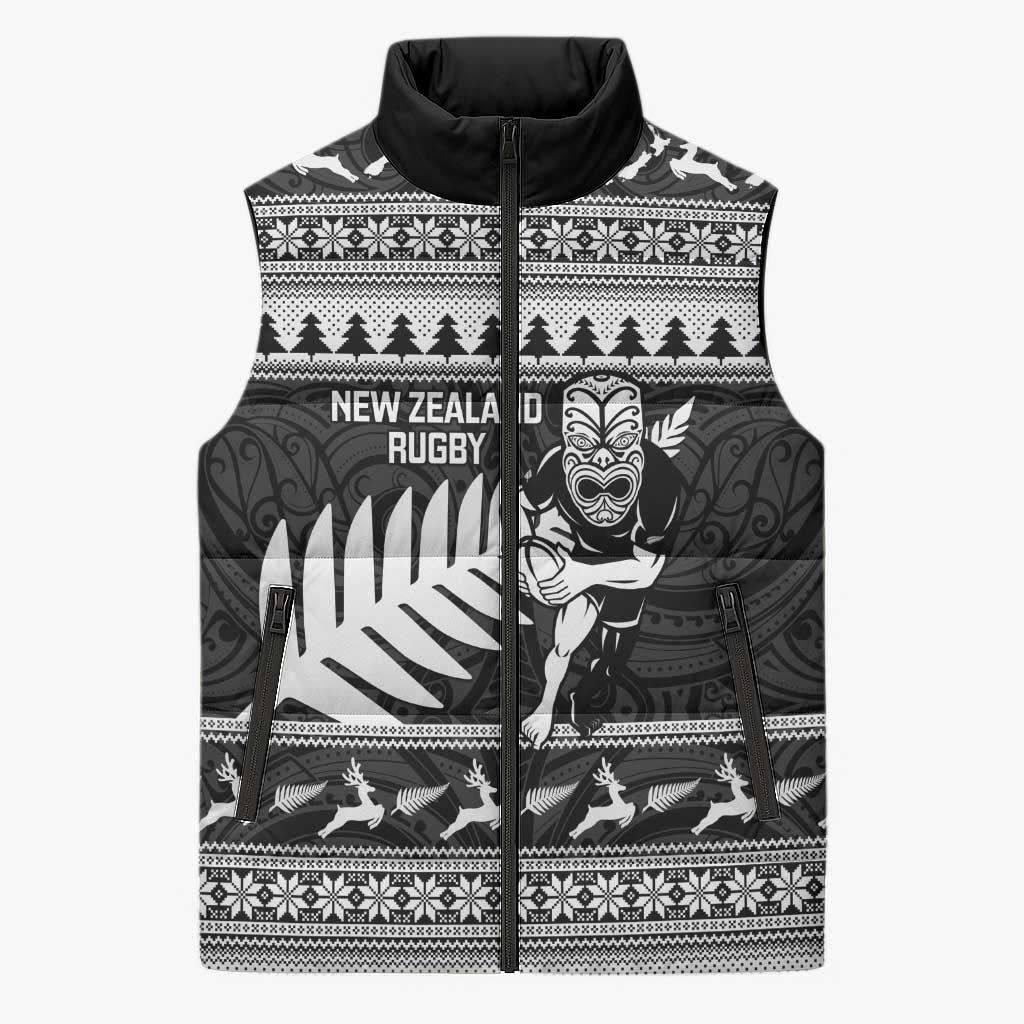 New Zealand Christmas Rugby Personalised Sleeveless Puffer Jacket Meri Kirihimete All Black Maori LT14 Unisex Black - Polynesian Pride