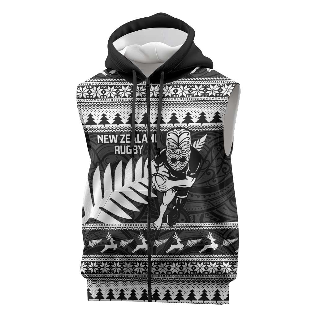 New Zealand Christmas Rugby Personalised Sleeveless Zip Hoodie Meri Kirihimete All Black Maori LT14 Black - Polynesian Pride