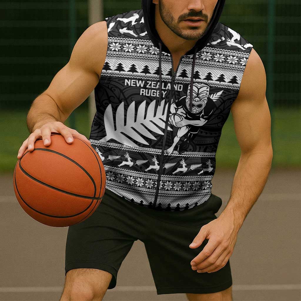 New Zealand Christmas Rugby Personalised Sleeveless Zip Hoodie Meri Kirihimete All Black Maori LT14 - Polynesian Pride