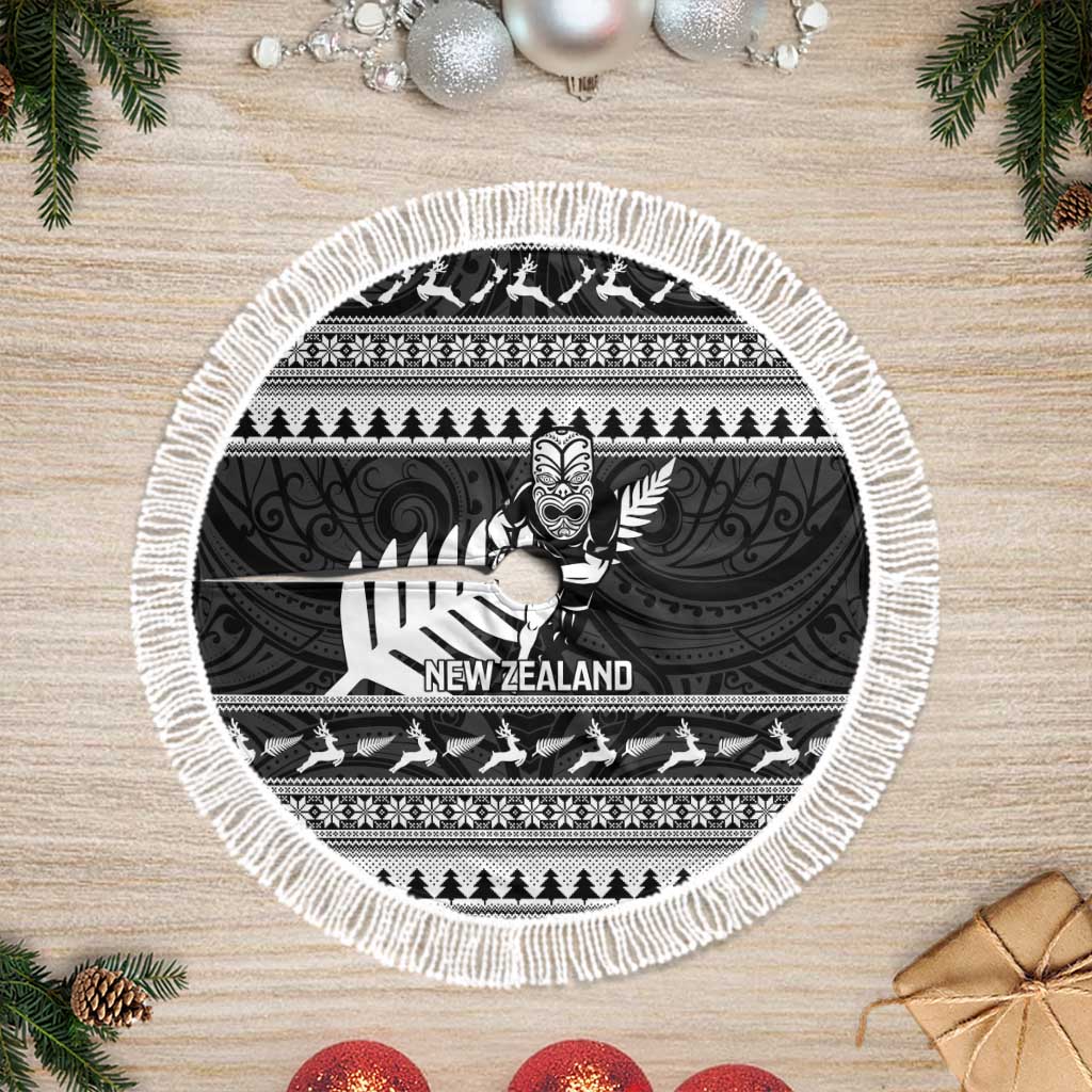 New Zealand Christmas Rugby Tree Skirt Meri Kirihimete All Black Maori LT14 Fringed Black - Polynesian Pride