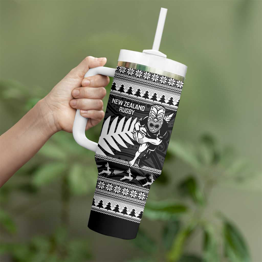 New Zealand Christmas Rugby Personalised Tumbler With Handle Meri Kirihimete All Black Maori LT14 - Polynesian Pride