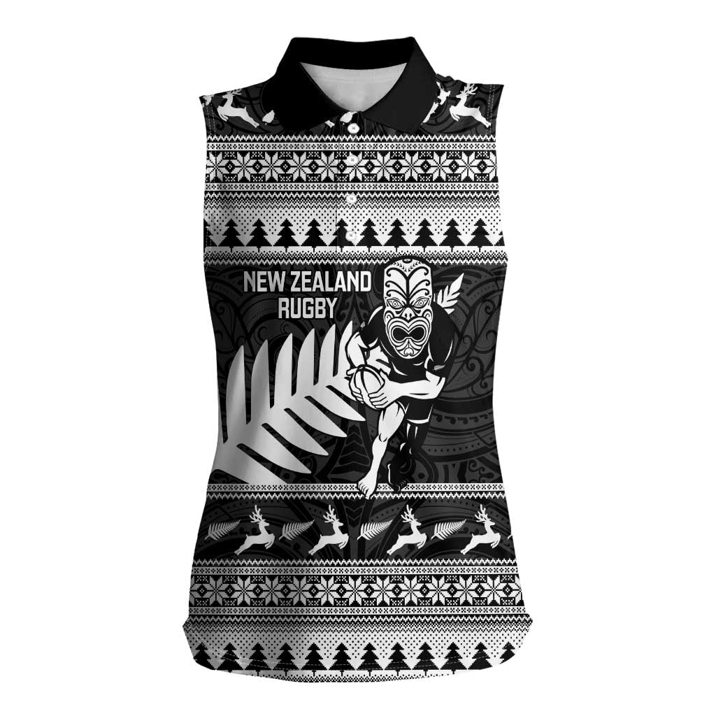 New Zealand Christmas Rugby Personalised Women Sleeveless Polo Shirt Meri Kirihimete All Black Maori LT14 Female Black - Polynesian Pride