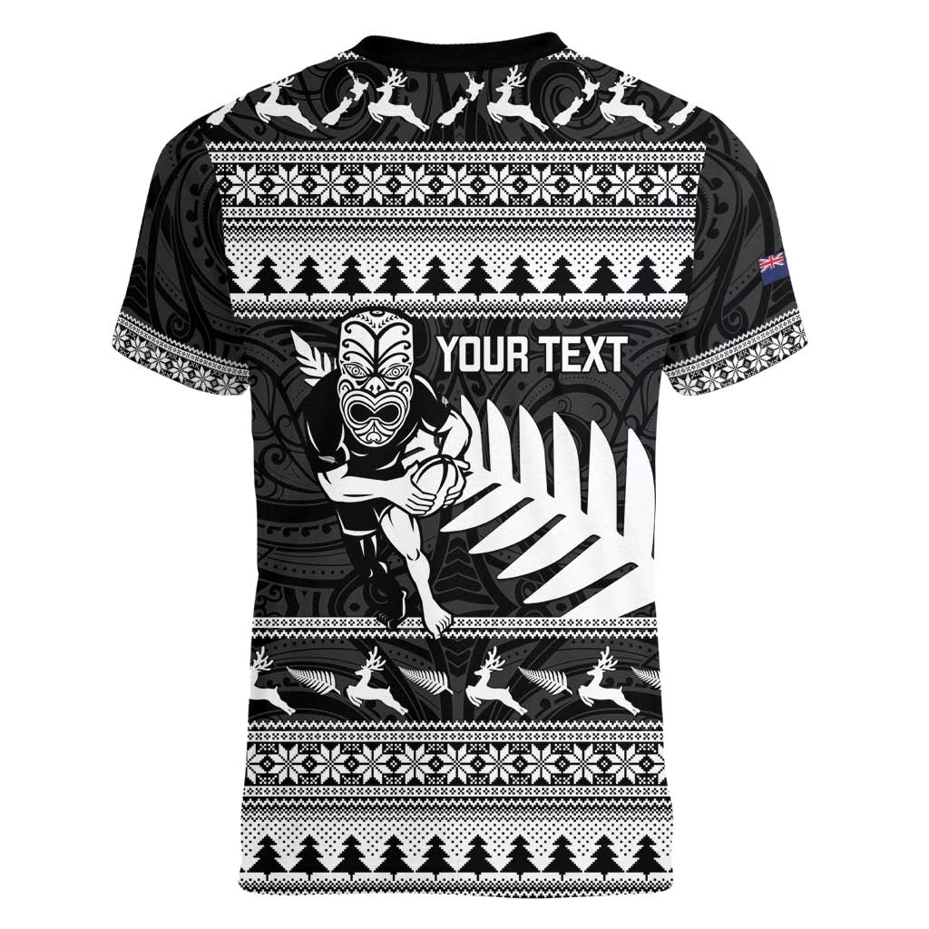 New Zealand Christmas Rugby Personalised Women V-Neck T-Shirt Meri Kirihimete All Black Maori LT14 - Polynesian Pride