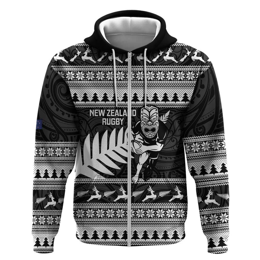 New Zealand Christmas Rugby Personalised Zip Hoodie Meri Kirihimete All Black Maori LT14 Zip Hoodie Black - Polynesian Pride