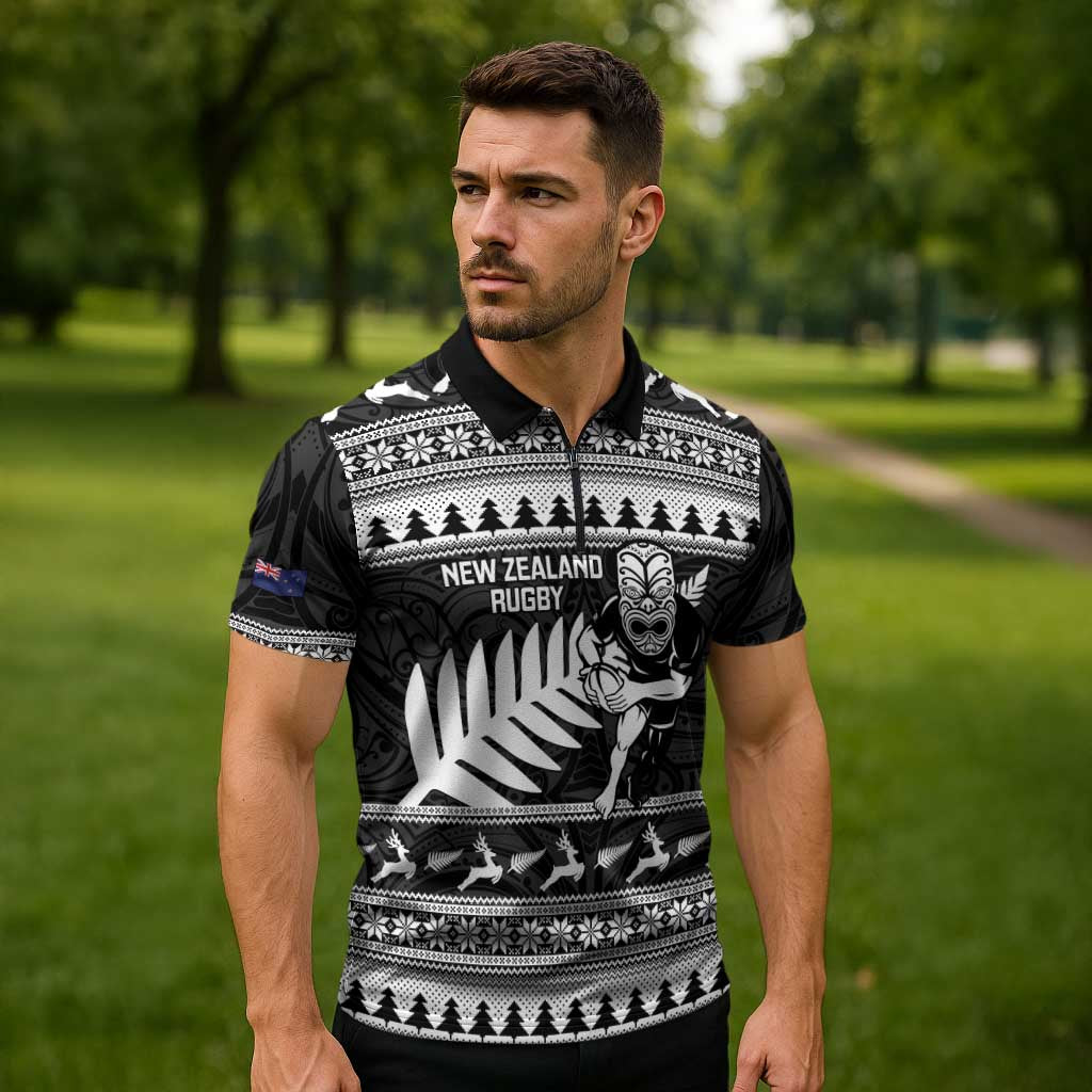New Zealand Christmas Rugby Personalised Zipper Polo Shirt Meri Kirihimete All Black Maori LT14 - Polynesian Pride