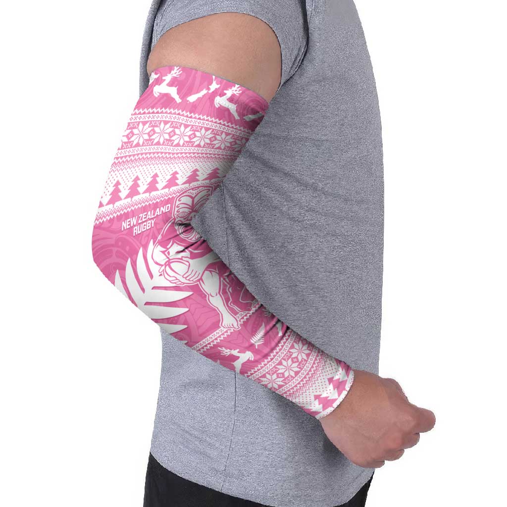 New Zealand Christmas Rugby Personalised Arm Sleeves Meri Kirihimete All Black Maori Pink Version LT14 - Polynesian Pride