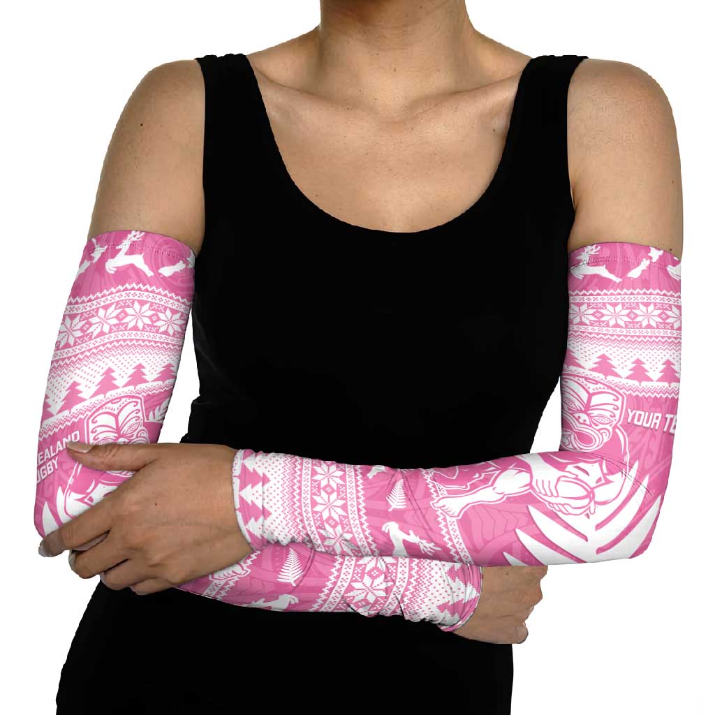 New Zealand Christmas Rugby Personalised Arm Sleeves Meri Kirihimete All Black Maori Pink Version LT14 - Polynesian Pride