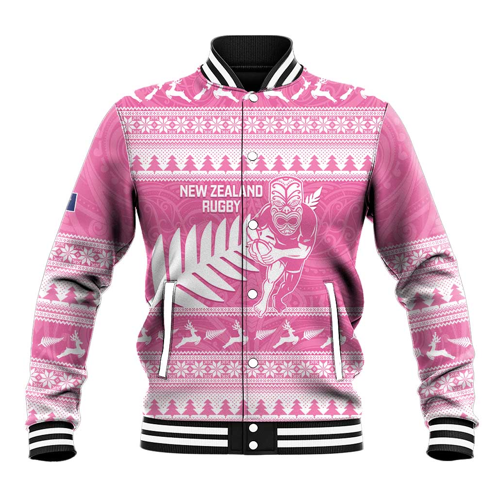 New Zealand Christmas Rugby Personalised Baseball Jacket Meri Kirihimete All Black Maori Pink Version LT14 Unisex Pink - Polynesian Pride