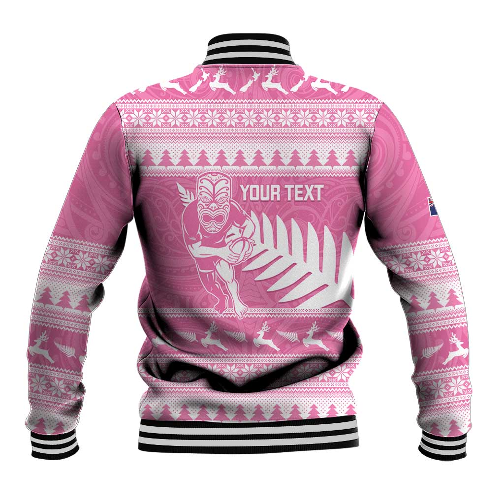 New Zealand Christmas Rugby Personalised Baseball Jacket Meri Kirihimete All Black Maori Pink Version LT14 - Polynesian Pride